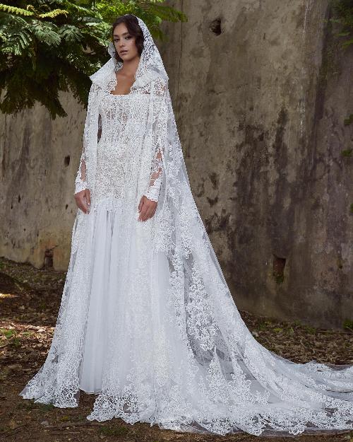 Lp2308 long sleeve off the shoulder boho wedding dress with hooded cape1